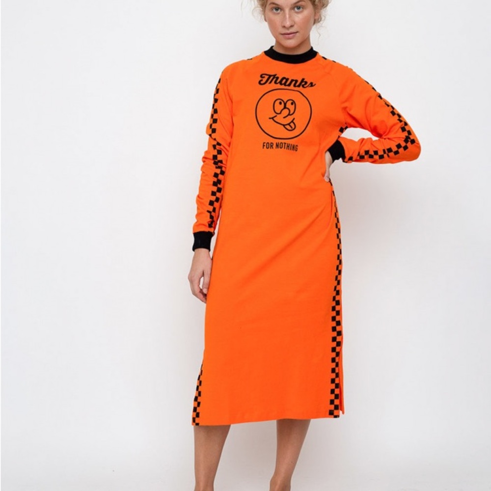 Lazy Oaf Orange and Black Graphic Long-Sleeve Midi Dress